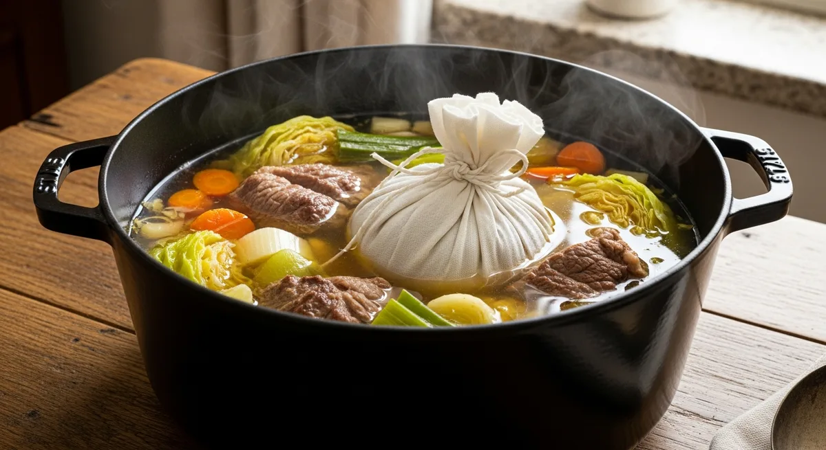 Cocotte en fonte avec sac de toile dans un bouillon fumant pour le kig ha farz traditionnel du Finistère