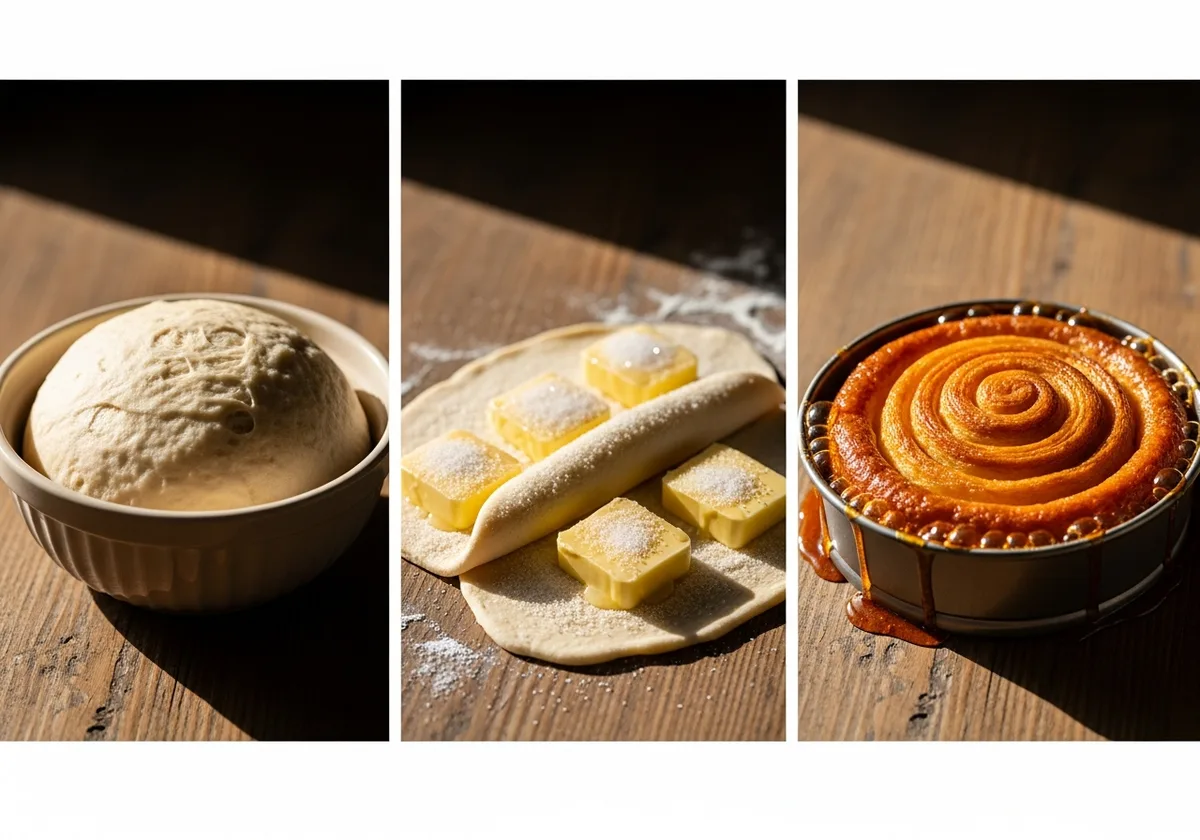 Les trois étapes du kouign-amann : pâte levée, beurre sur pâte étalée, gâteau caramélisé sorti du four