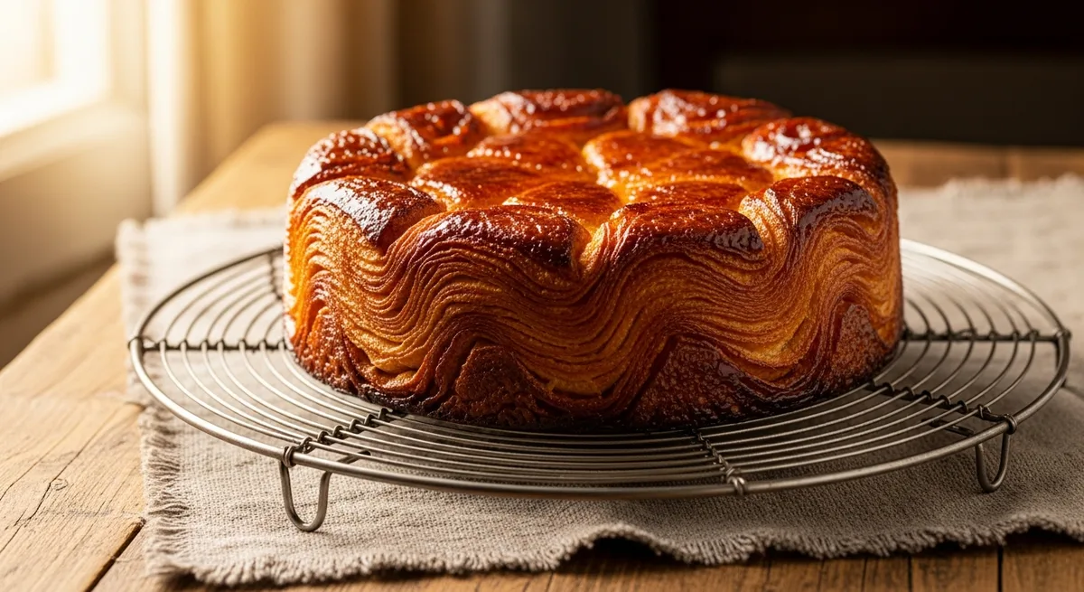 Kouign-amann maison sorti du moule, caramélisé et croustillant, sur une table en bois