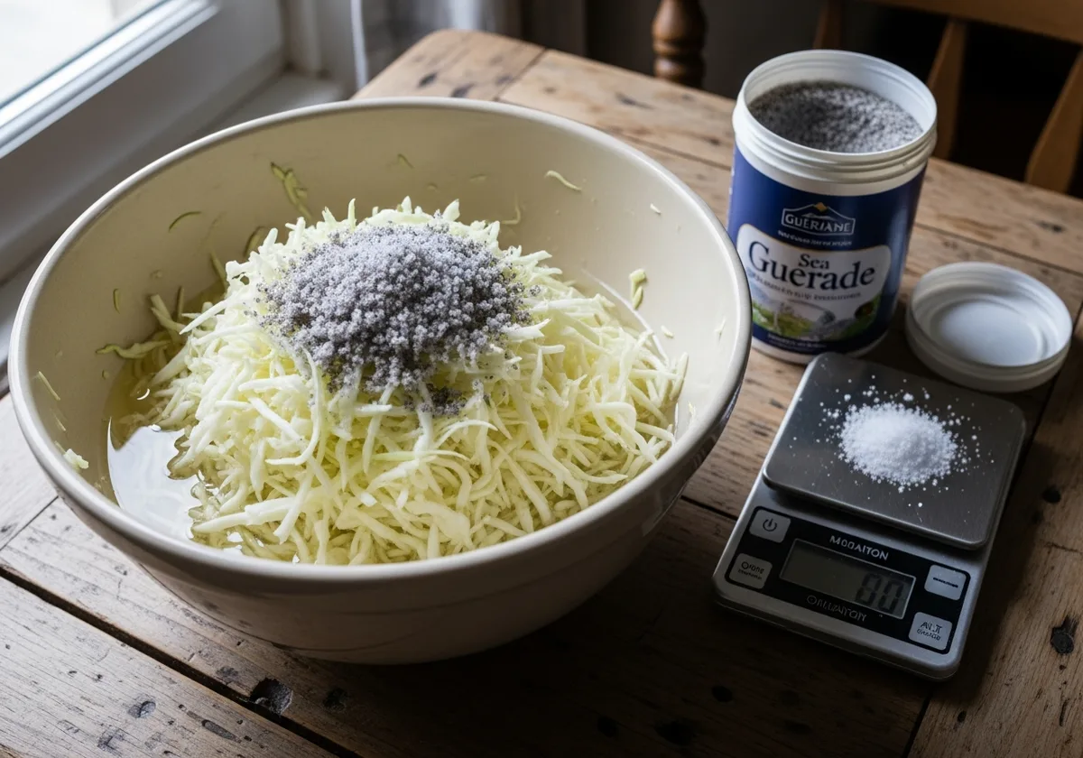Saladier de chou blanc émincé avec sel de mer gris pour lacto-fermentation, jus formé au fond, balance et sel de Guérande posés sur une table en bois de ferme