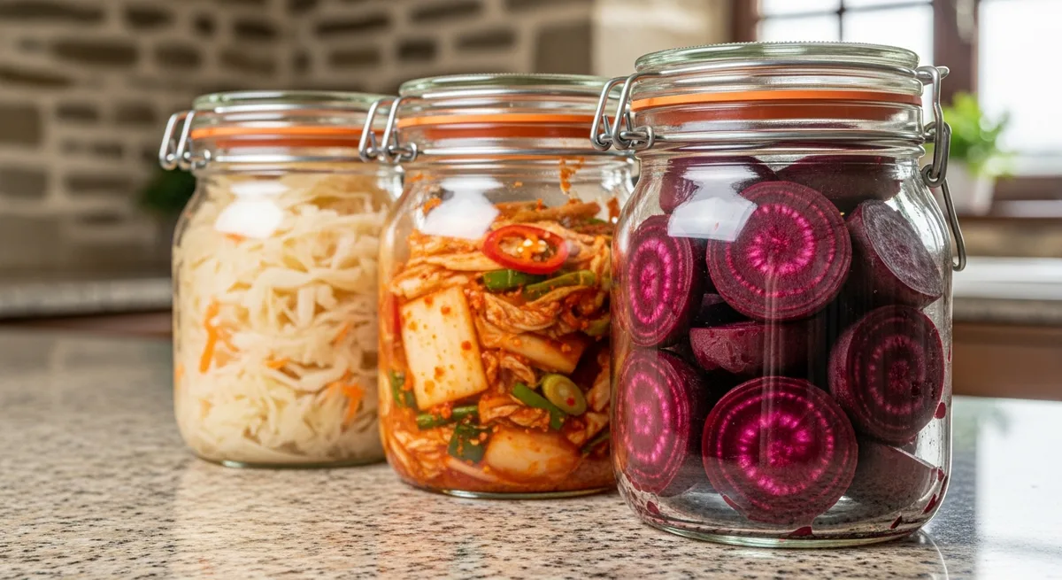 Trois bocaux de lacto-fermentation alignés sur un plan de travail en granit : choucroute ivoire, kimchi rouge-orange, betteraves violet profond