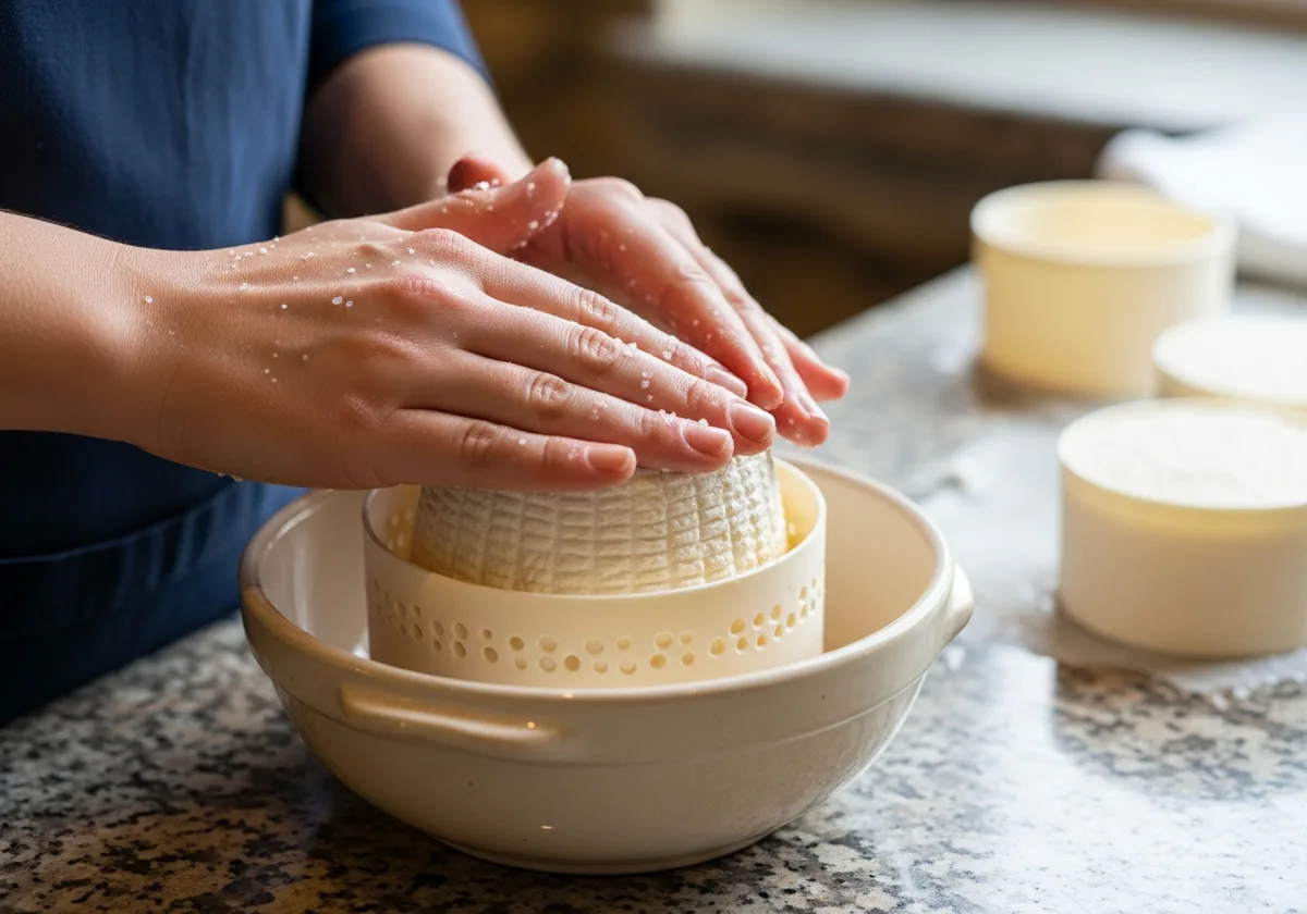 Mains façonnant un petit fromage de chèvre frais dans un moule perforé, sur un comptoir en granit dans une cuisine bretonne