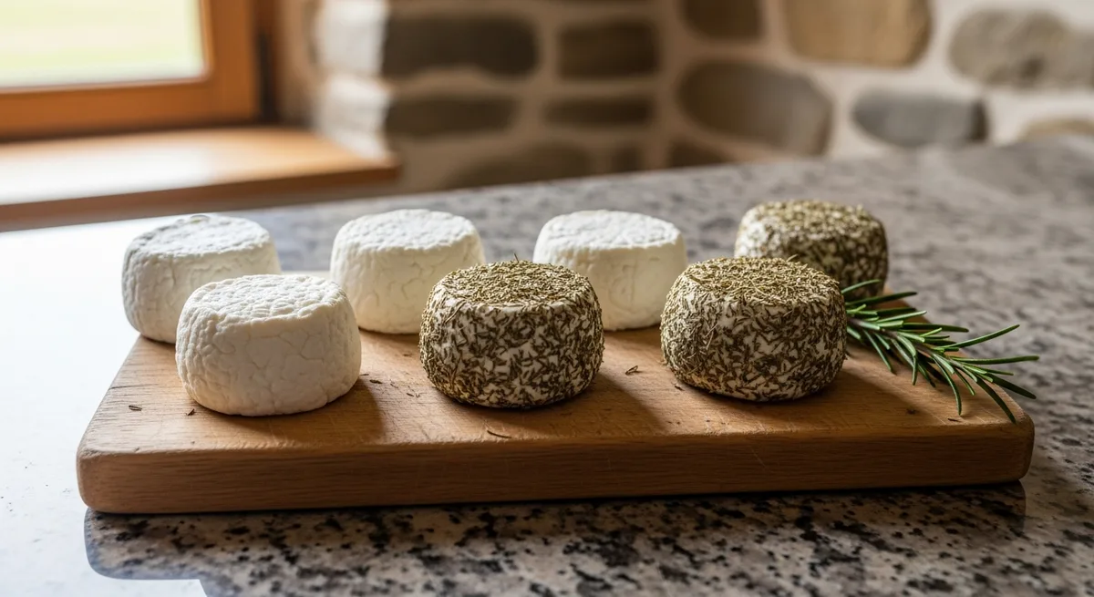 Petits fromages frais de chèvre sur planche en bois dans la cellier en granit de Lezavarn, Finistère
