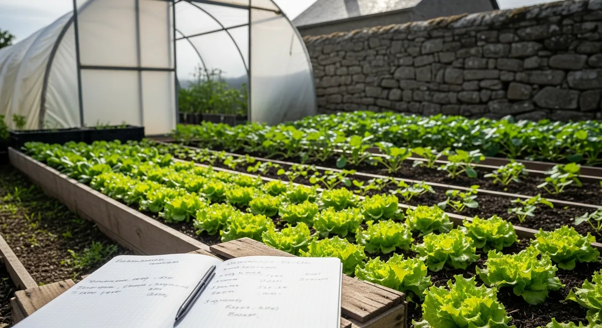 Planches de culture maraîchère en micro-ferme avec un cahier de comptes ouvert au premier plan, lumière naturelle de matin