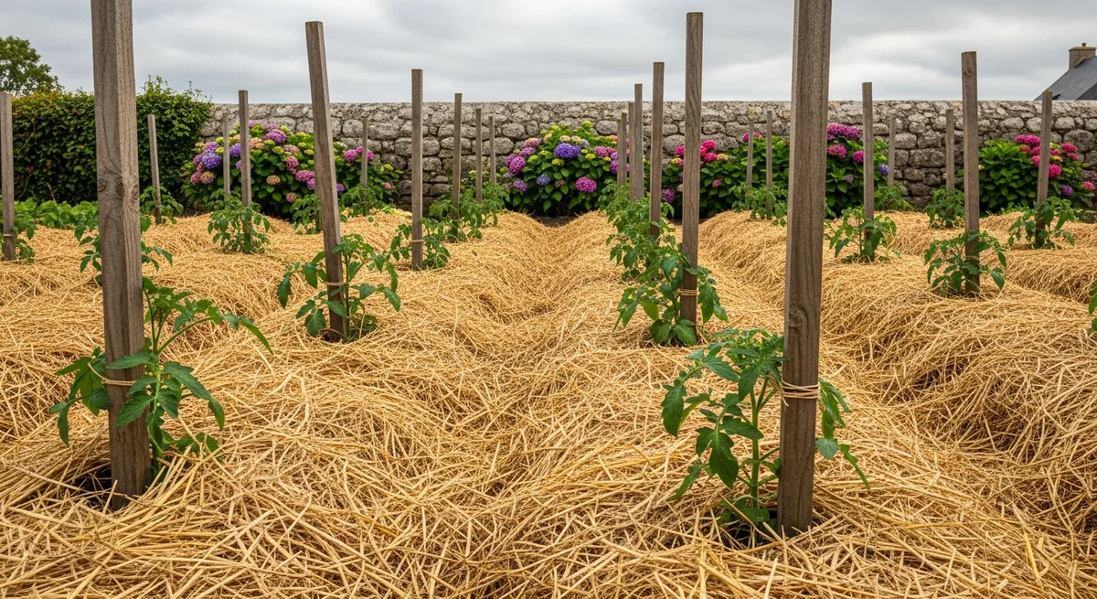 Paillis de foin sur des rangs de légumes au potager de la Ferme de Lezavarn, Finistère