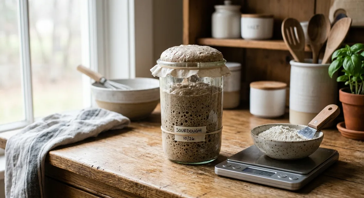 Bocal de levain actif avec bulles, balance de cuisine et bol de farine sur un plan de travail en bois
