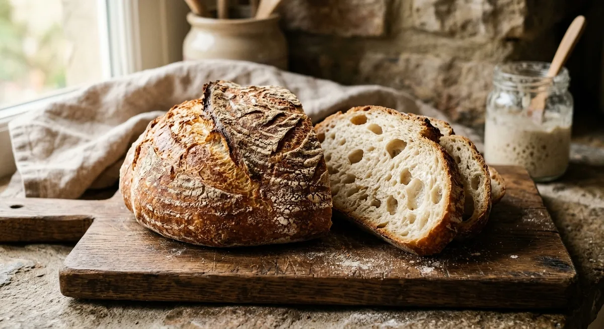Miche de pain au levain maison tranchée sur une planche, mie alvéolée et croûte dorée