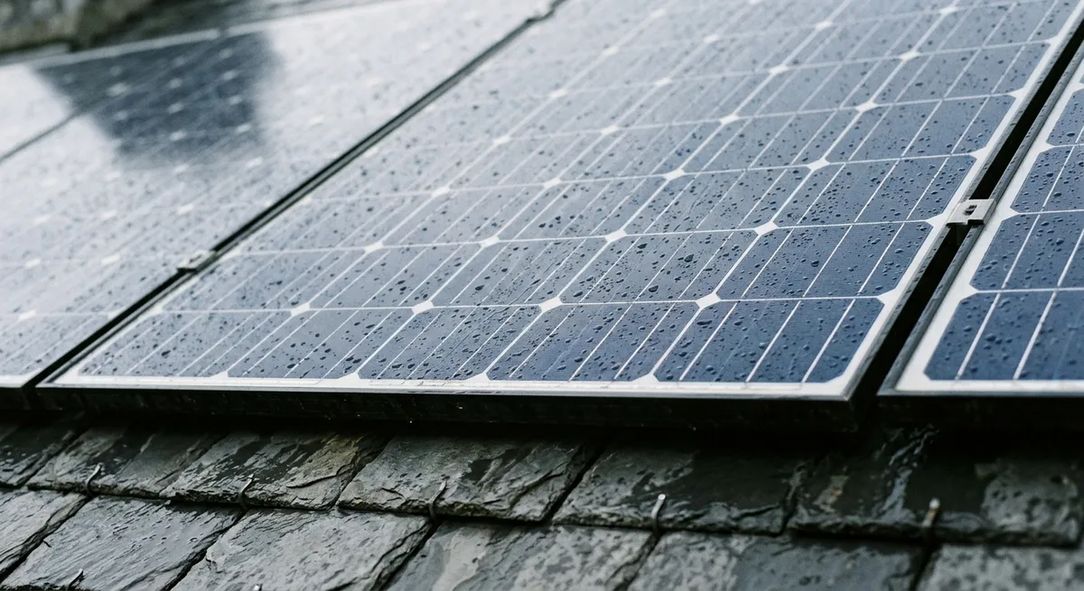 Détail de cellules monocristallines avec gouttes de pluie sur les panneaux solaires, ardoises bretonnes en bas de cadre