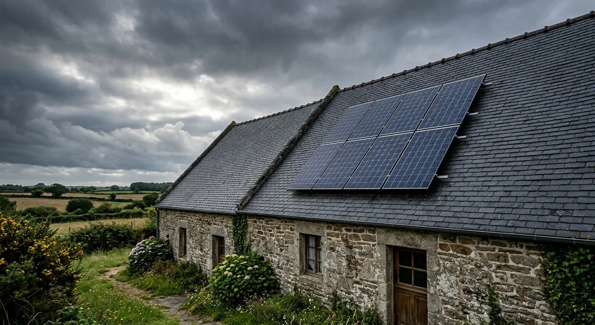 Panneaux solaires sur un toit en ardoise d'une longère bretonne sous ciel partiellement nuageux