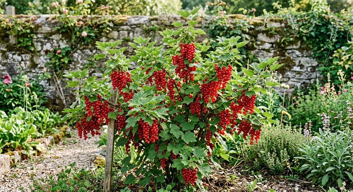 Groseillier à grappes rouges dans un jardin breton, lumière d'été