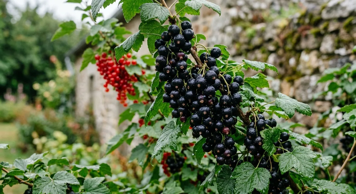 Grappes de cassis et de groseilles rouges sur leurs arbustes dans un jardin breton en été