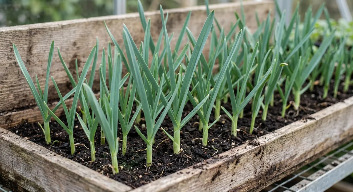 Plants de poireaux en caissette de semis prêts à repiquer, feuilles vert-bleu dressées sur terreau sombre