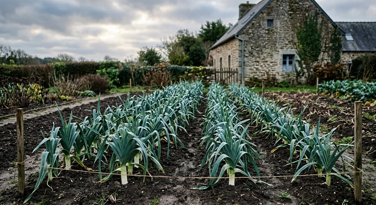 Rangées de poireaux d'hiver dans un potager breton, fûts bien développés prêts pour la récolte d'hiver