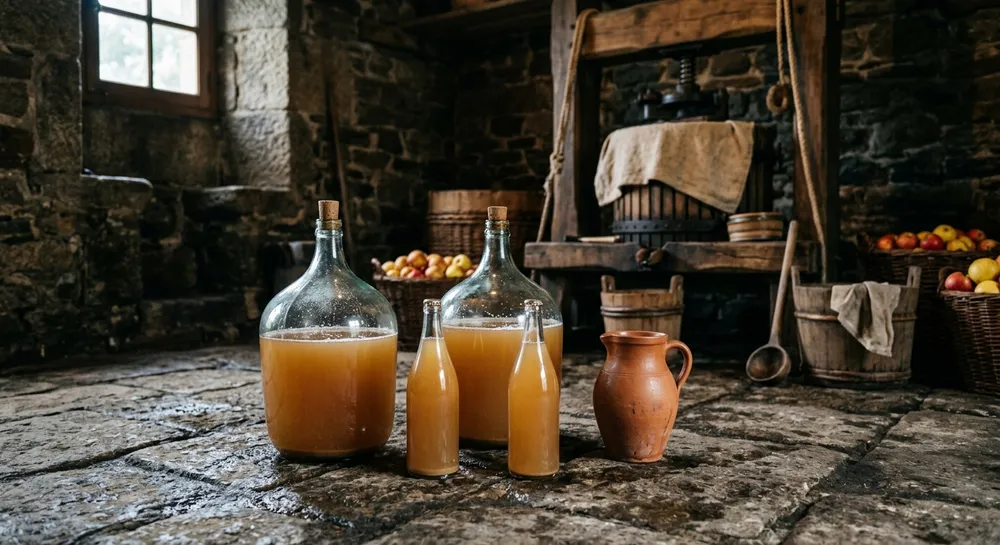 Bidons de jus de pomme fraîchement pressé, trouble et doré, posés sur le sol d'un cellier en pierre breton