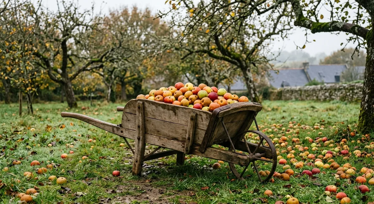 Brouette pleine de pommes à cidre dans un vieux verger breton en automne, prêtes pour le pressage