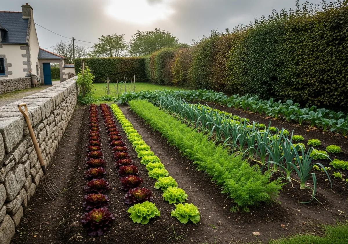 Potager breton bien exposé — emplacement idéal avec sol travaillé, abri naturel en granit et lumière atlantique diffuse