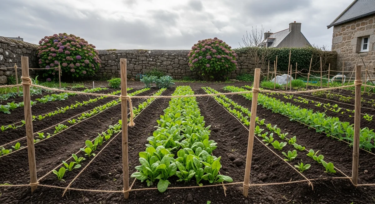 Premier potager en Bretagne — rangées de légumes sur sol breton en avril