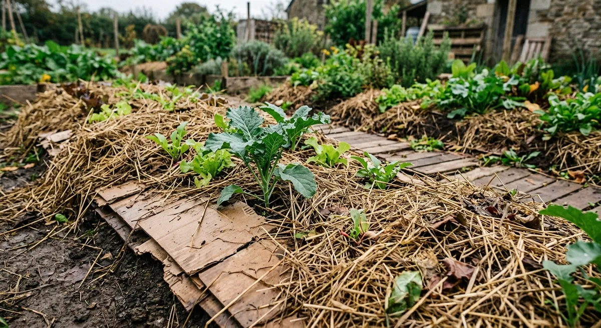 Planches de potager en lasagnes avec couches de carton et paillage en Finistère : méthode permaculture sans travail du sol