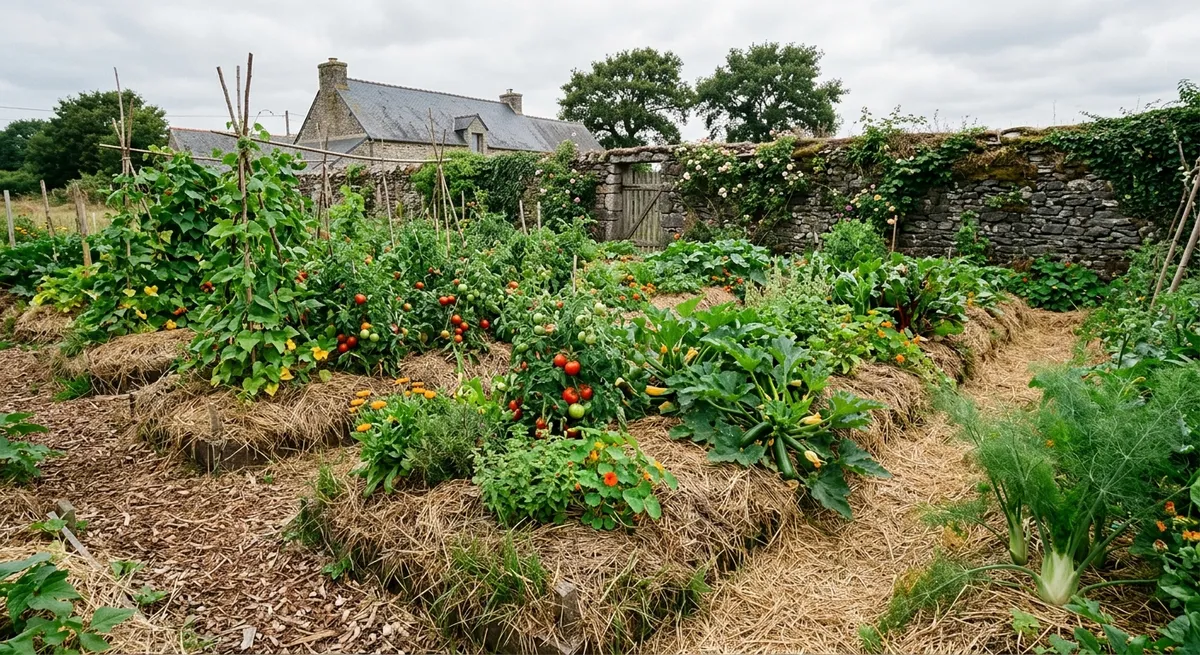 Jardin potager en permaculture à Lezavarn avec planches paillées et associations végétales en fin d'été