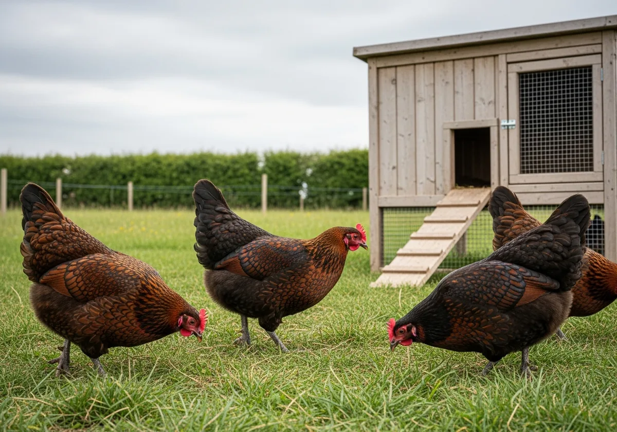 Trois poules Marans au plumage sombre picorant dans l'enclos de Lezavarn — race rustique recommandée pour élever des poules pondeuses débutant en Bretagne