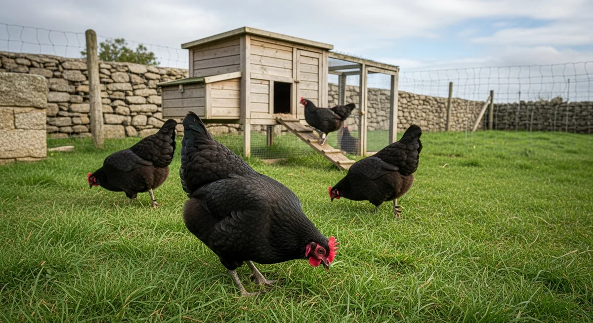 Trois poules pondeuses dans un enclos herbeux devant un poulailler en bois — Ferme de Lezavarn, Finistère