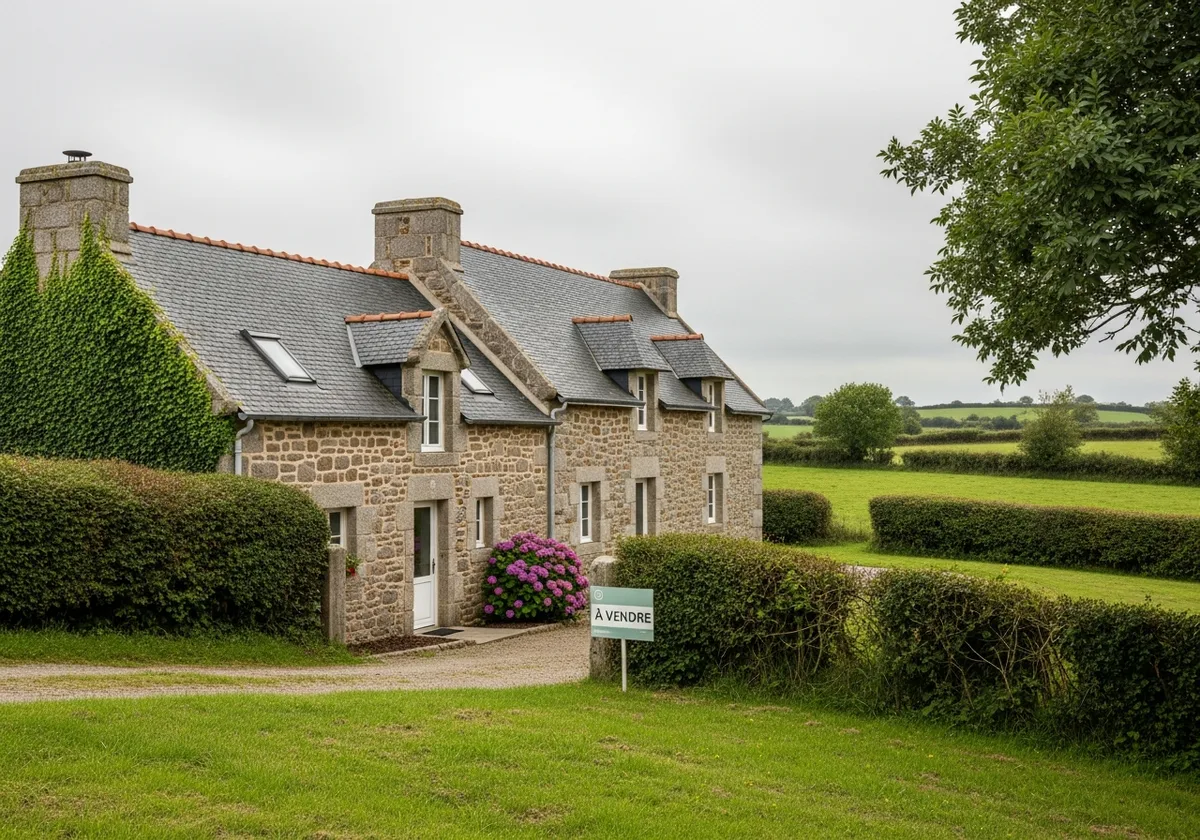 Longère bretonne en granit dans le Finistère rural, à vendre, sous ciel couvert typique de la zone B2