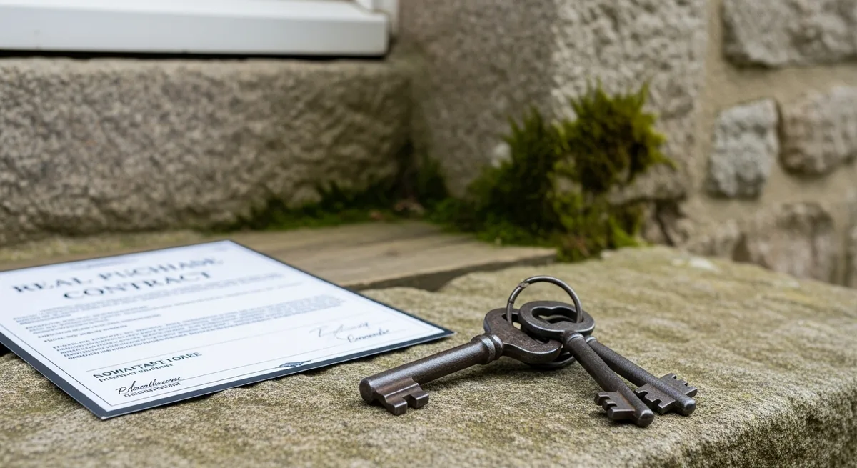 Clés d'une maison posées sur un contrat de prêt immobilier, fond de pierre de granit breton