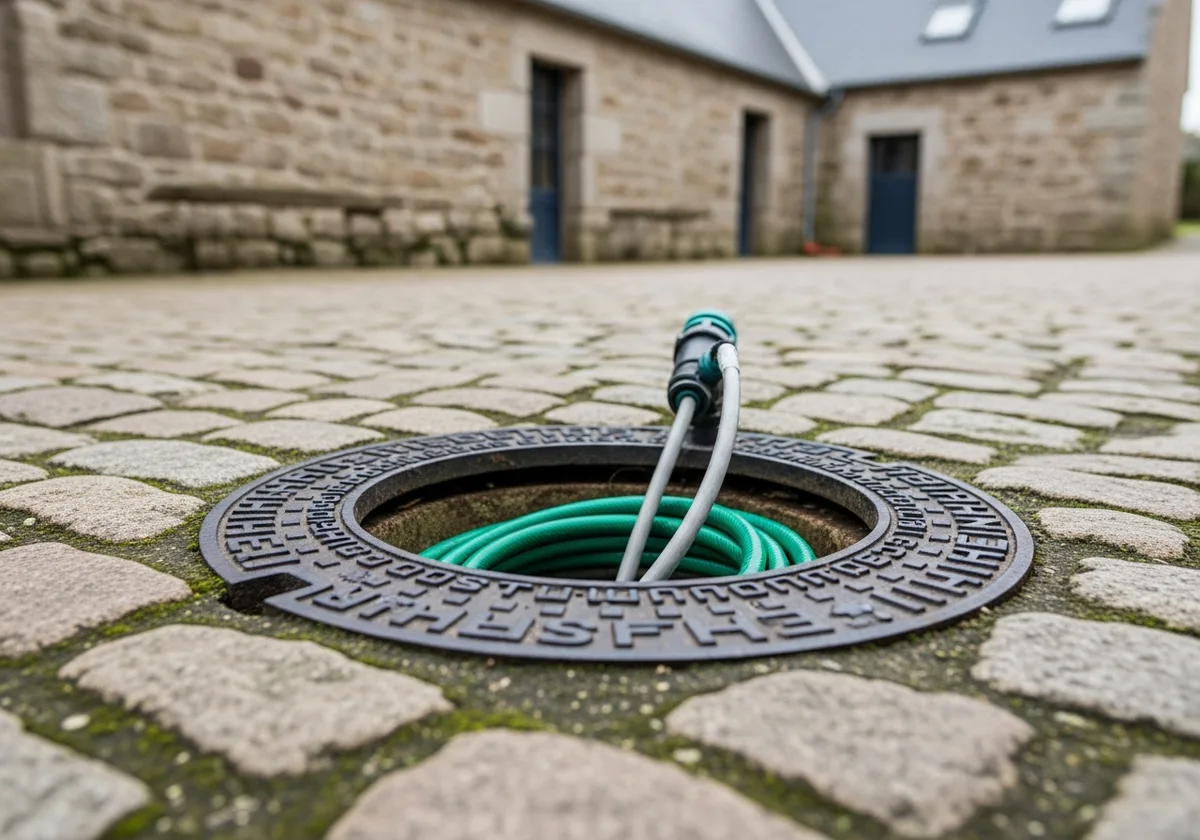 Regard de la cuve enterrée de récupération d'eau de pluie avec tuyau d'arrosage, cour en granit — Ferme de Lezavarn, Finistère