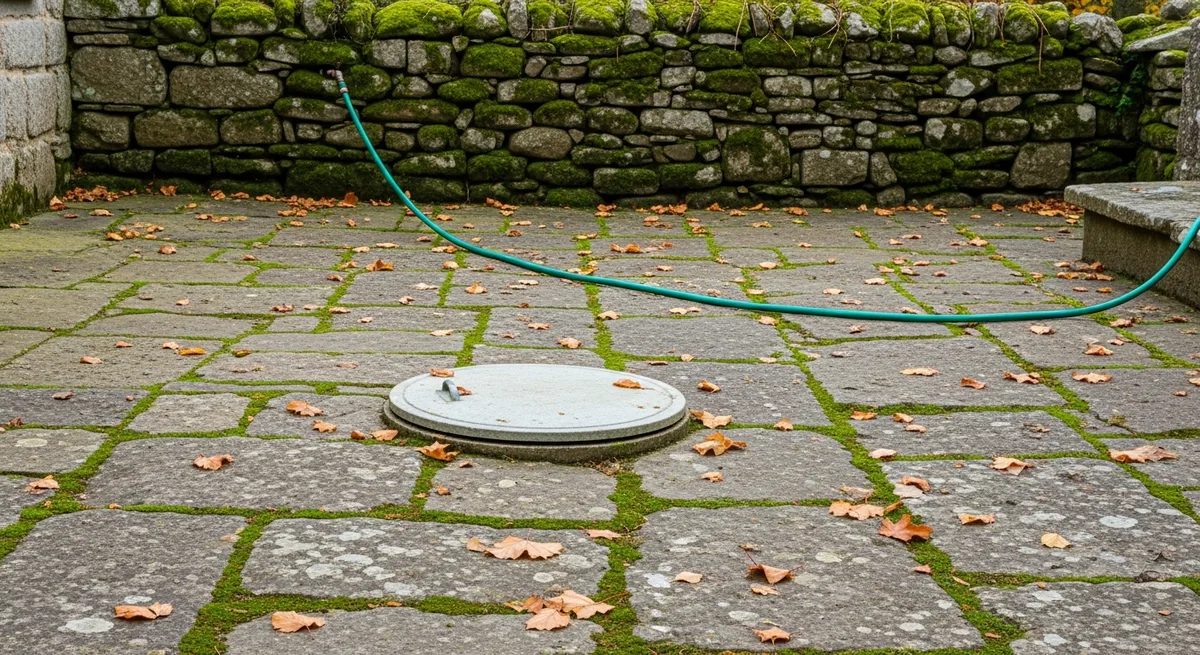 Regard de cuve enterrée pour la récupération d'eau de pluie dans la cour granitée de la ferme de Lezavarn, Finistère