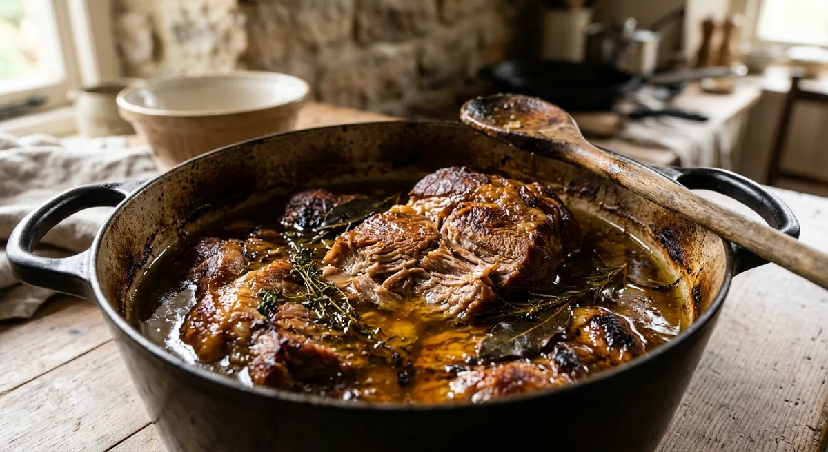 Cocotte en fonte avec des morceaux de porc confits dans leur graisse après plusieurs heures de cuisson