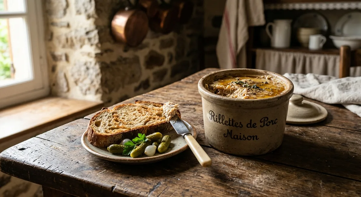 Rillettes de porc maison dans un pot en grès sur la table de la ferme, avec du pain de campagne