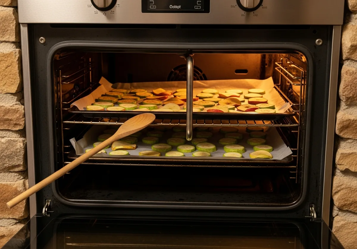 Porte de four maintenue entrouverte par une cuillère en bois, plateaux de séchage légumes visibles à l'intérieur