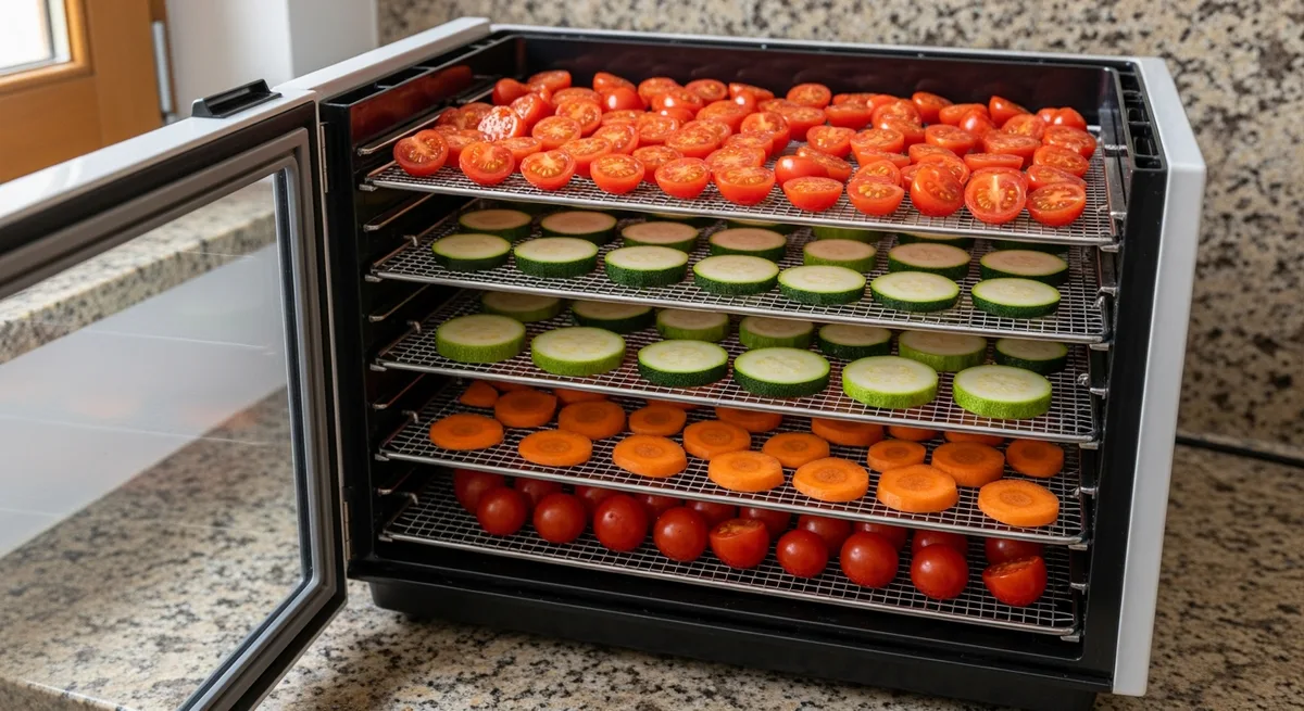 Déshydrateur ouvert avec des plateaux de tomates cerises, rondelles de courgettes et carottes du potager