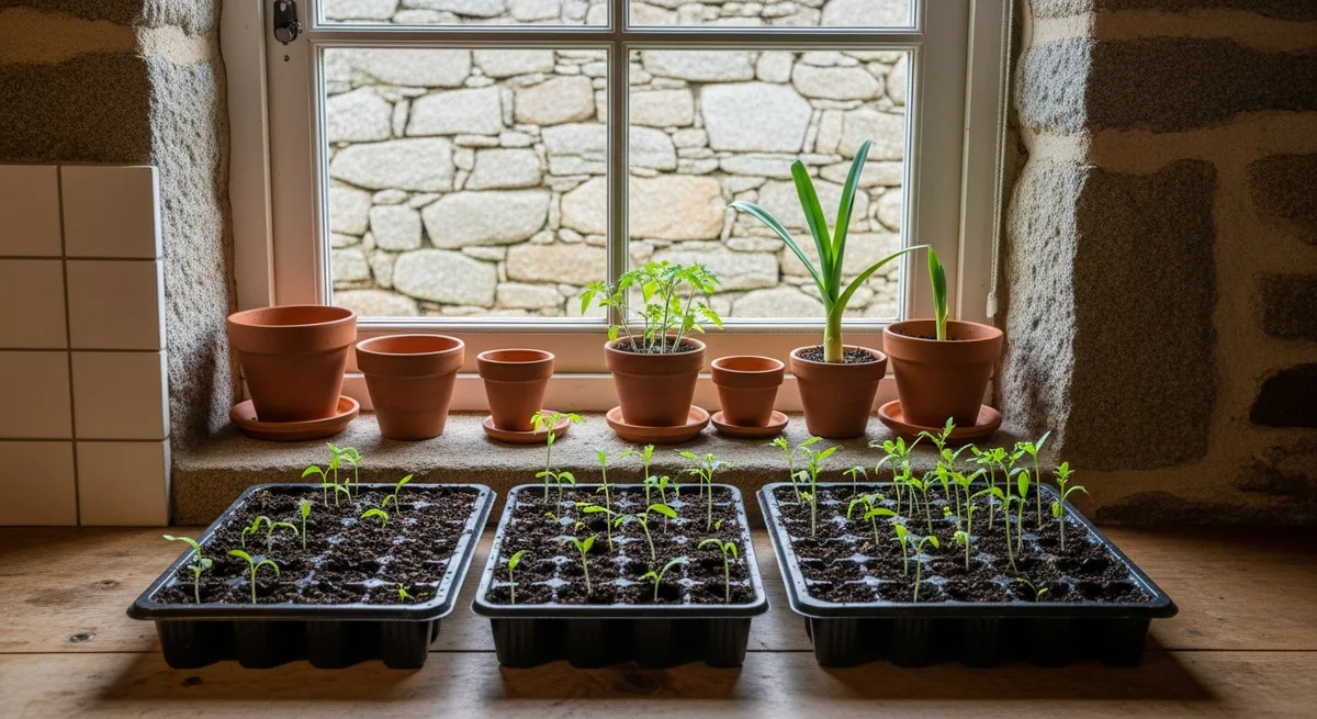 Godets de semis sur un rebord de fenêtre à la ferme de Lezavarn — tomates et poireaux en intérieur en Finistère