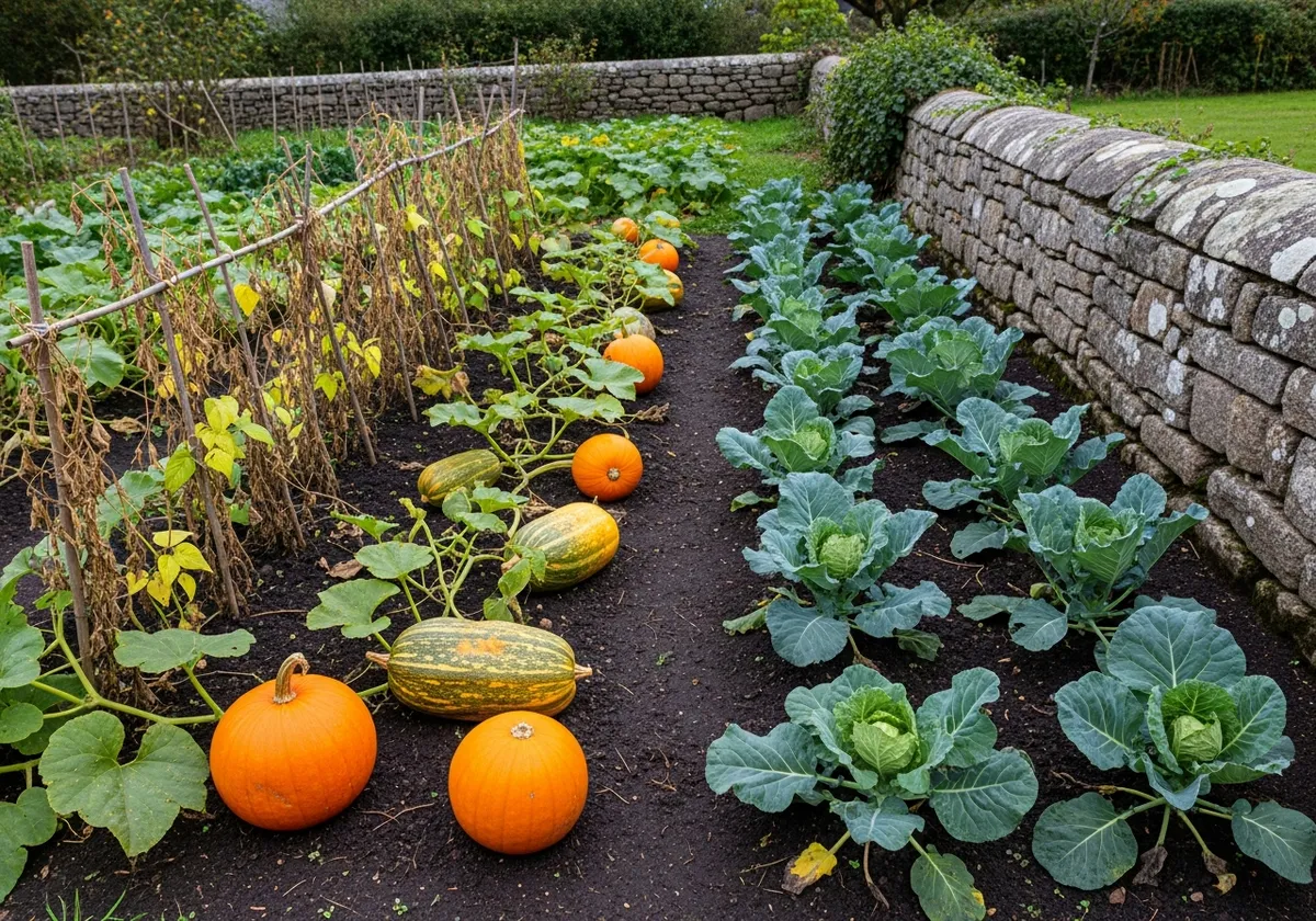 Potager breton en automne avec courges et légumes de saison, lumière naturelle