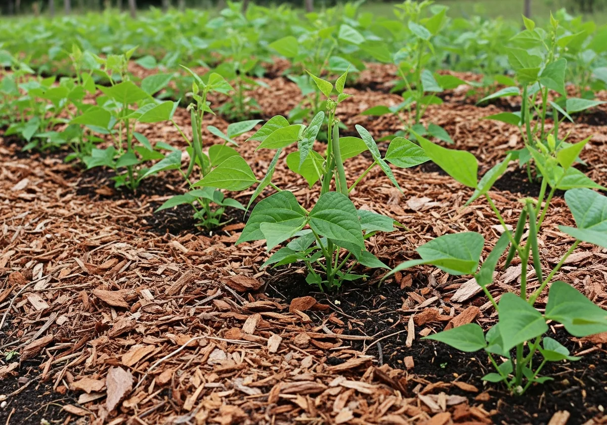 Planche de potager en Finistère avec paillage de bois raméal fragmenté et haricots verts en pleine pousse sur sol argileux amendé