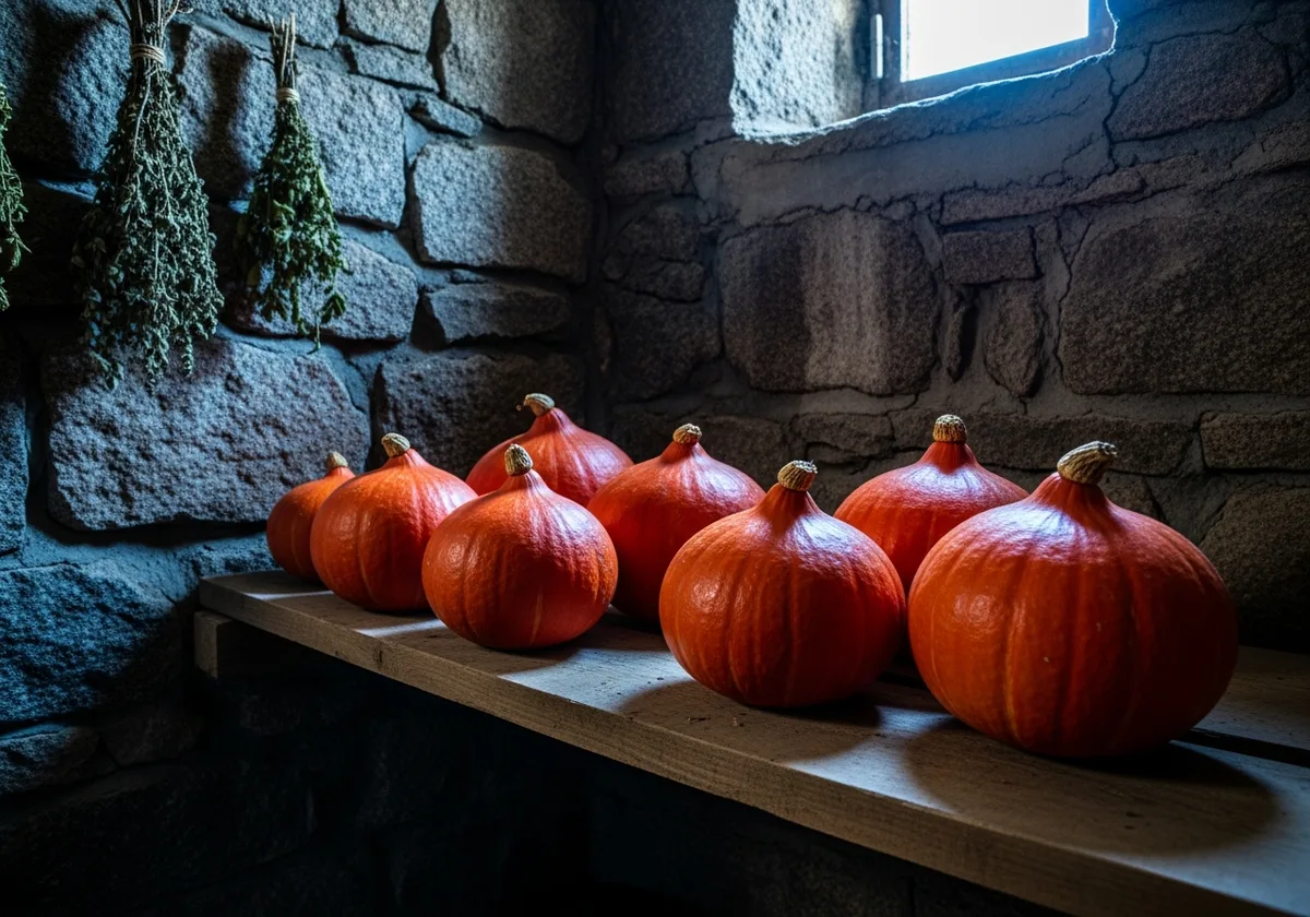 Potimarrons rouge vif stockés sur une étagère en bois dans un cellier en granit breton