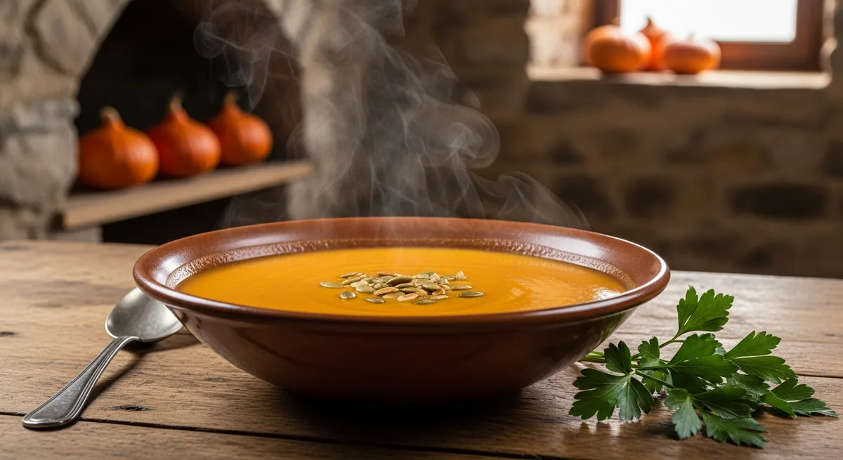 Bol de soupe de potimarron maison, couleur orangée, servi avec des graines de courge