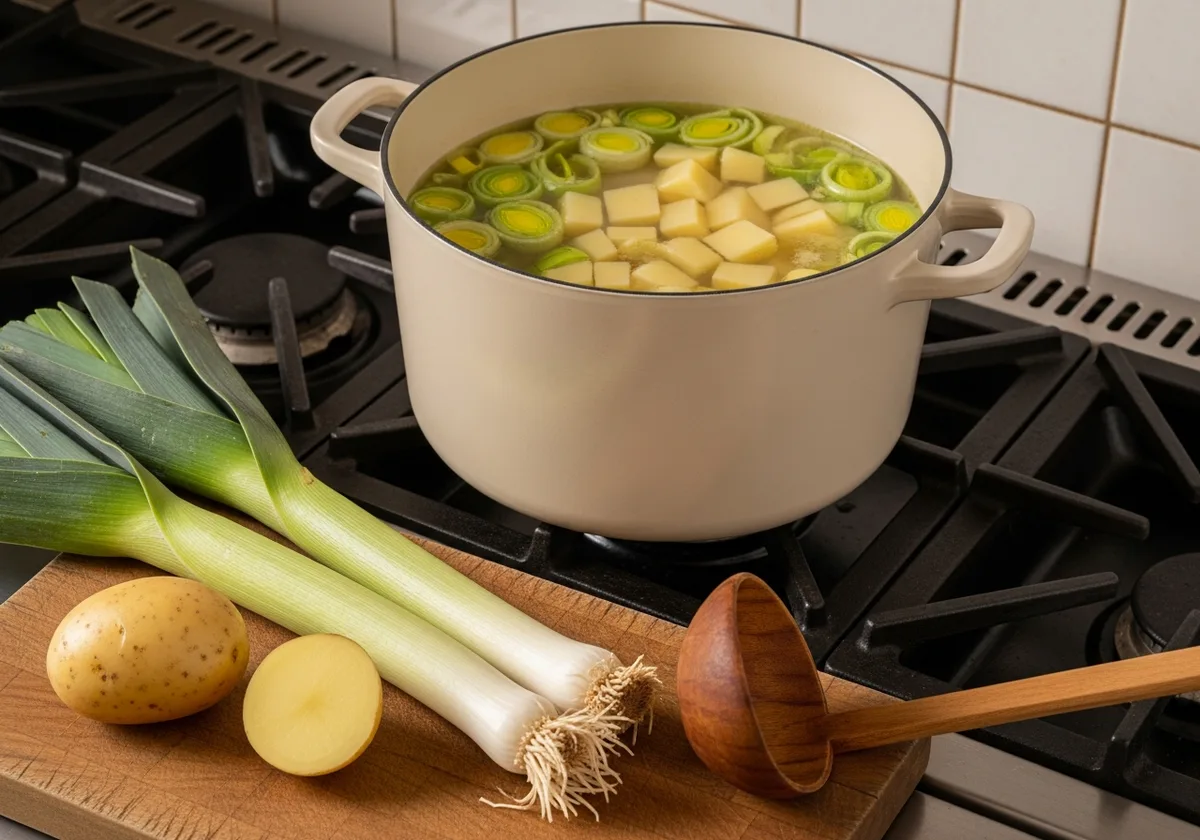 Pot de soupe poireaux pommes de terre en train de mijoter avec des poireaux frais sur une planche en bois