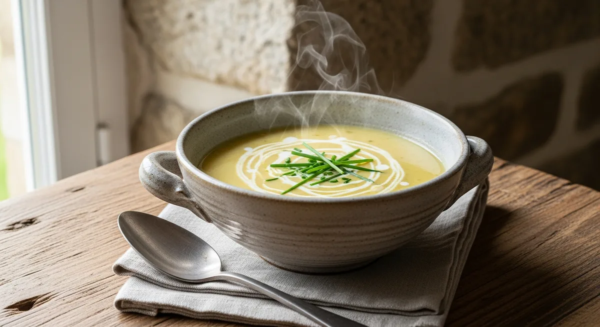 Soupe de poireaux et pommes de terre servie dans un bol en grès, avec de la ciboulette fraîche