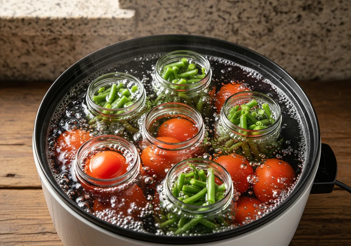 Bocaux de tomates et haricots verts dans un stérilisateur électrique en cours de stérilisation, vu de dessus