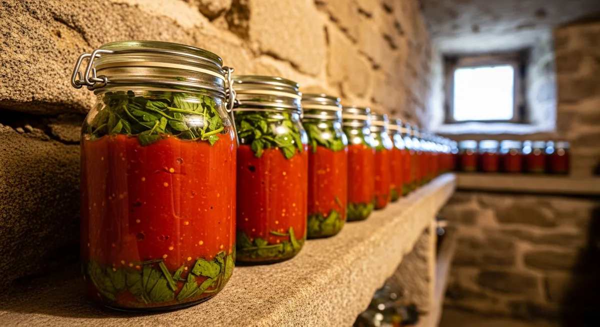 Bocaux de stérilisation remplis de tomates et légumes alignés dans le cellier en granit de la ferme de Lezavarn