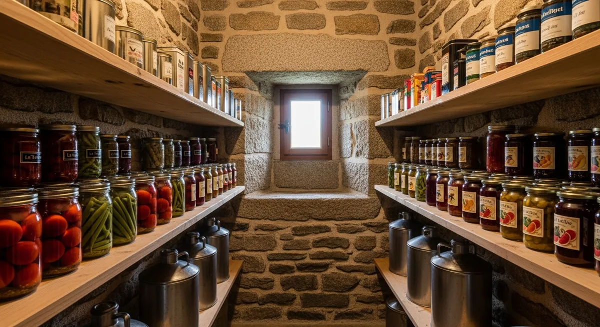 Cellier d'une longère bretonne avec étagères de bocaux de conserves, boîtes de légumes secs et bidons d'huile organisés