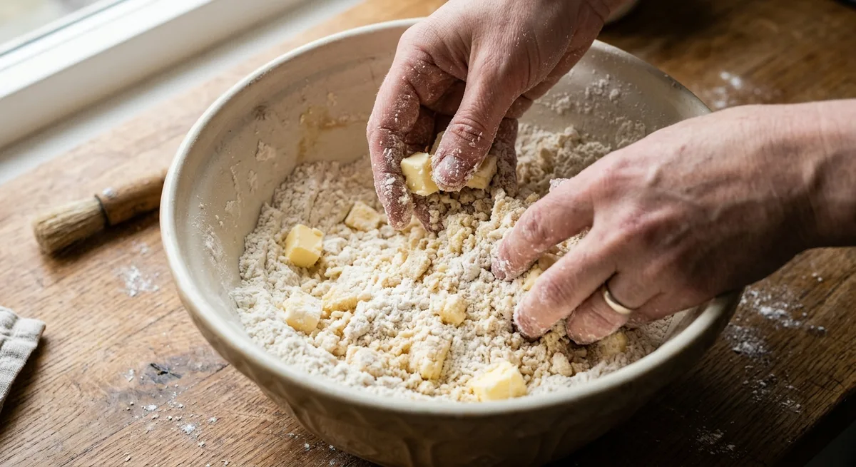Pâte brisée maison en cours de préparation : farine et beurre froid sablés à la main, texture grumeleuse typique de la pâte tarte poireaux recette maison