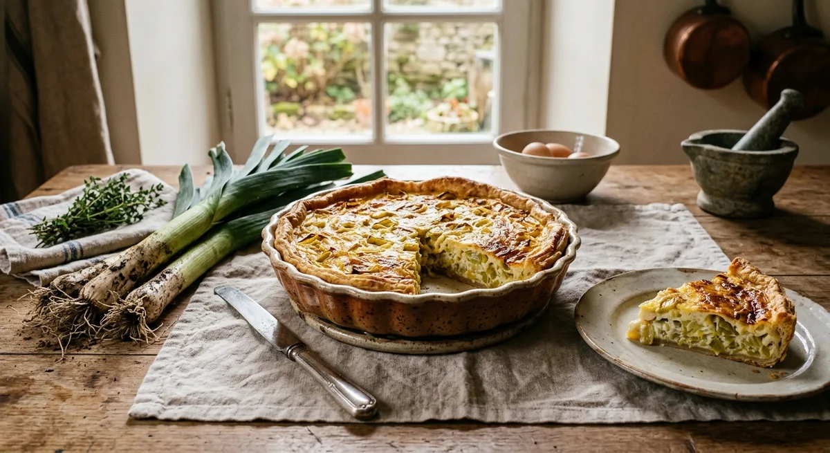 Tarte aux poireaux maison sortant du four, fond de pâte brisée doré, garniture crémeuse aux oeufs et crème