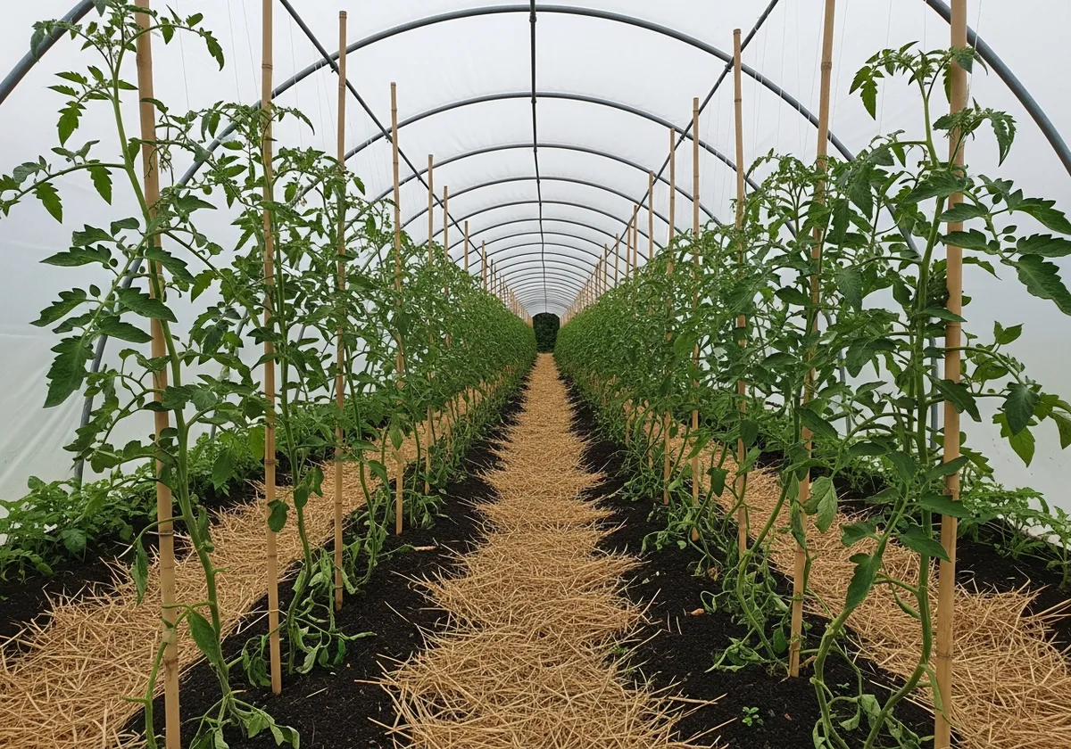 Rangées de plants de tomates tuteurés sous tunnel en Bretagne, tiges basses dépouillées de feuilles et sol paillé de paille