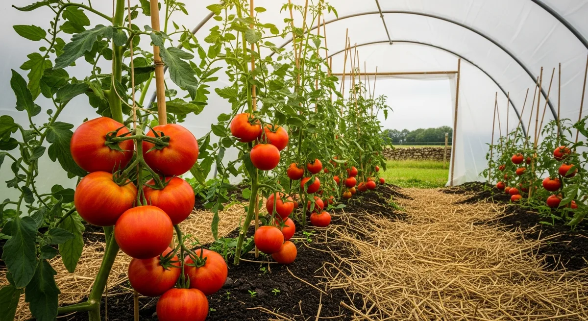 Plants de tomates sous tunnel plastique en Bretagne, feuillage vert dense et premiers fruits
