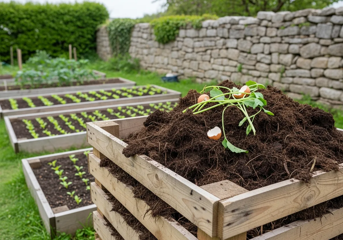 Composteur en palettes rempli de compost mature avec potager breton en arrière-plan au mois de mai