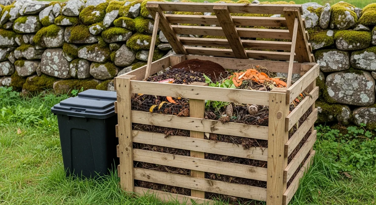 Composteur en palettes et bac composteur noir dans le jardin d'une ferme bretonne, mur en granit en arrière-plan