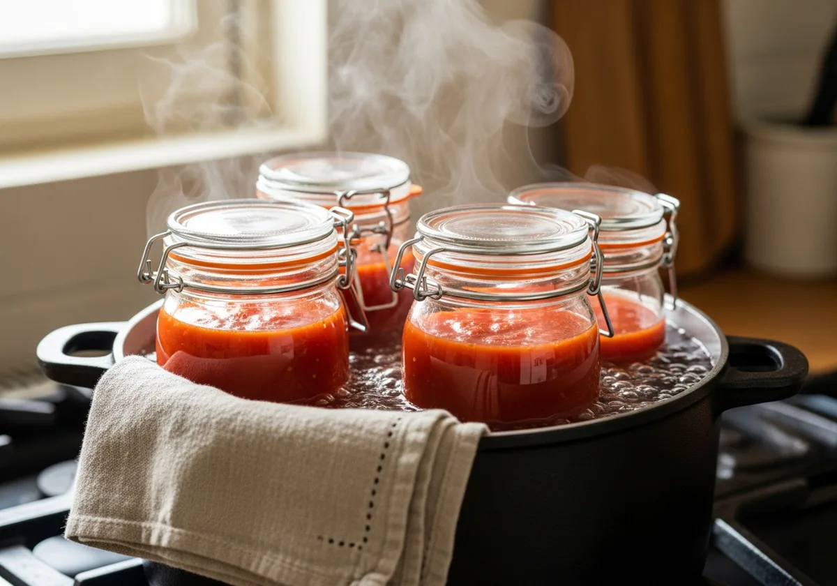 Bocaux de tomates en stérilisation sur la cuisinière de la ferme — vie ralentie campagne Bretagne